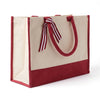 Angled view of the Boutique Canvas Tote with maroon trim and handles down