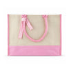 Front view of the Boutique Canvas Tote with pink trim and handles resting against the bag