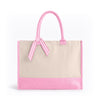 Front view of the Boutique Canvas Tote with pink handles, trim and striped ribbon